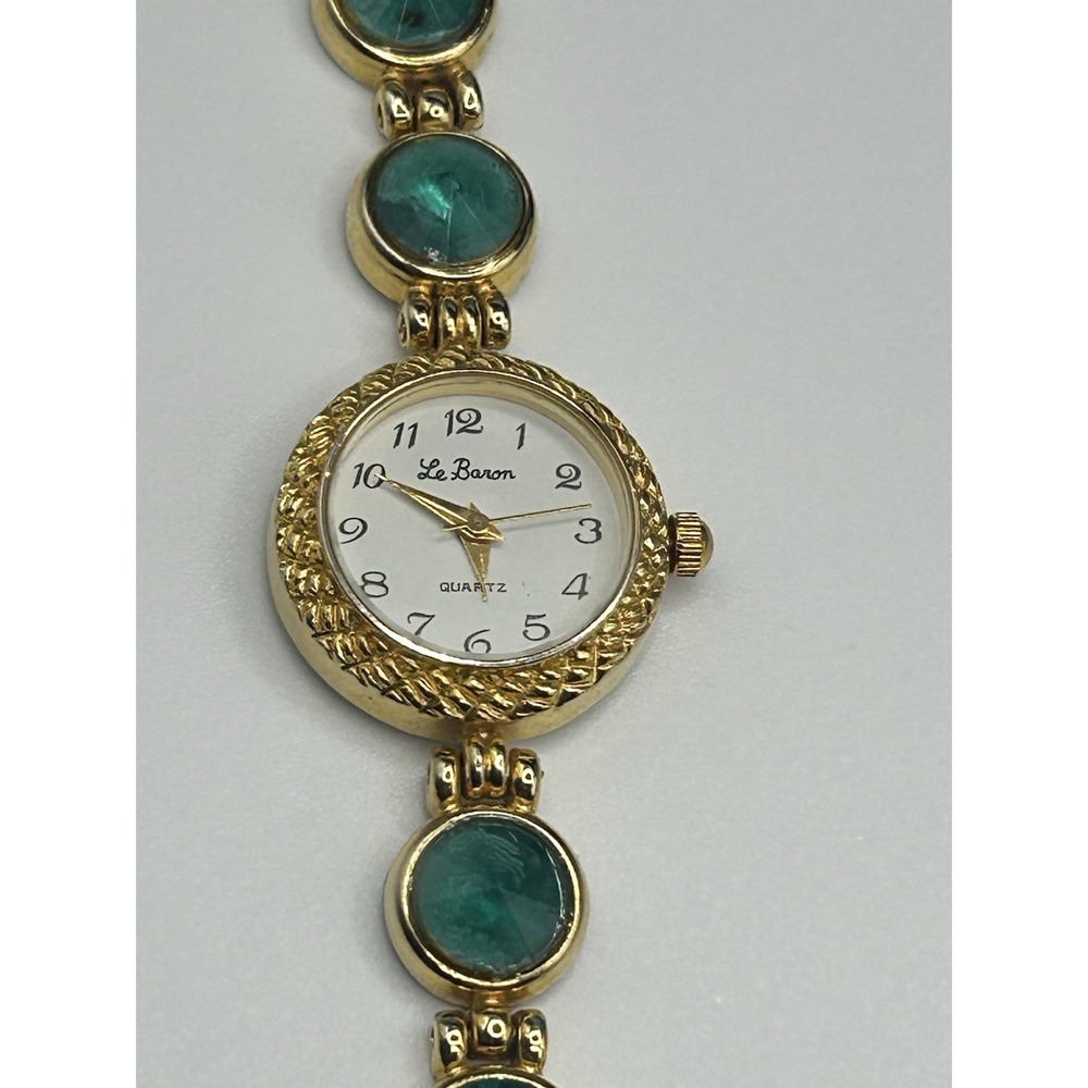 Very Rare Vintage Le Baron Gold Tone Watch With Green Gemstones